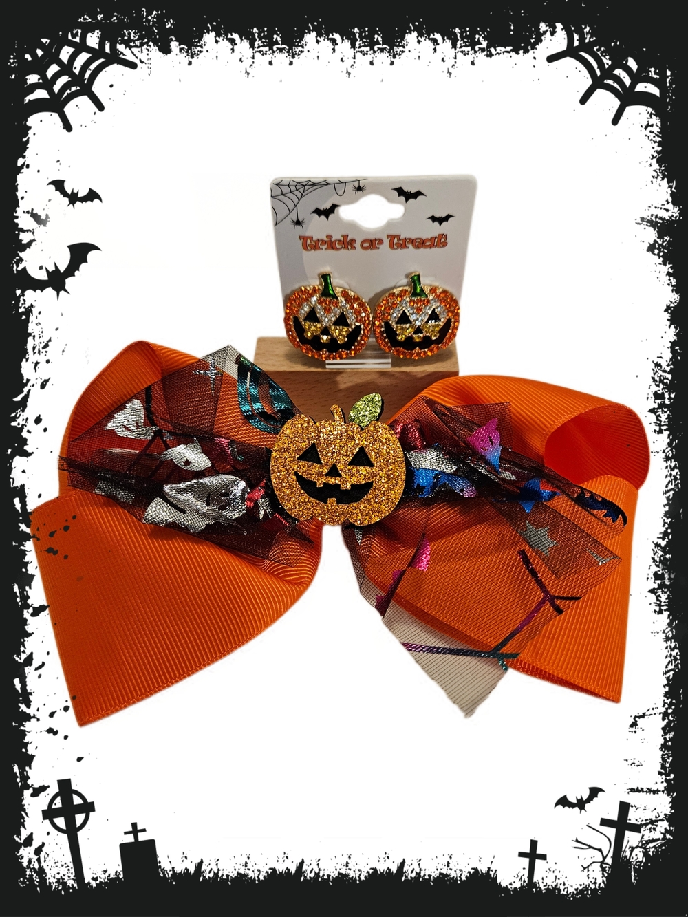 Girl's Halloween Pumpkin Hair Clip Bow and Earring Set - Orange Black